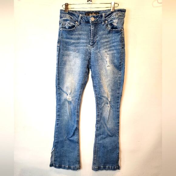 Indigo Rein Flare Distressed Jeans Mid Rise Stretch Jeans Size 9 / 28 x 31 - Picture 1 of 10